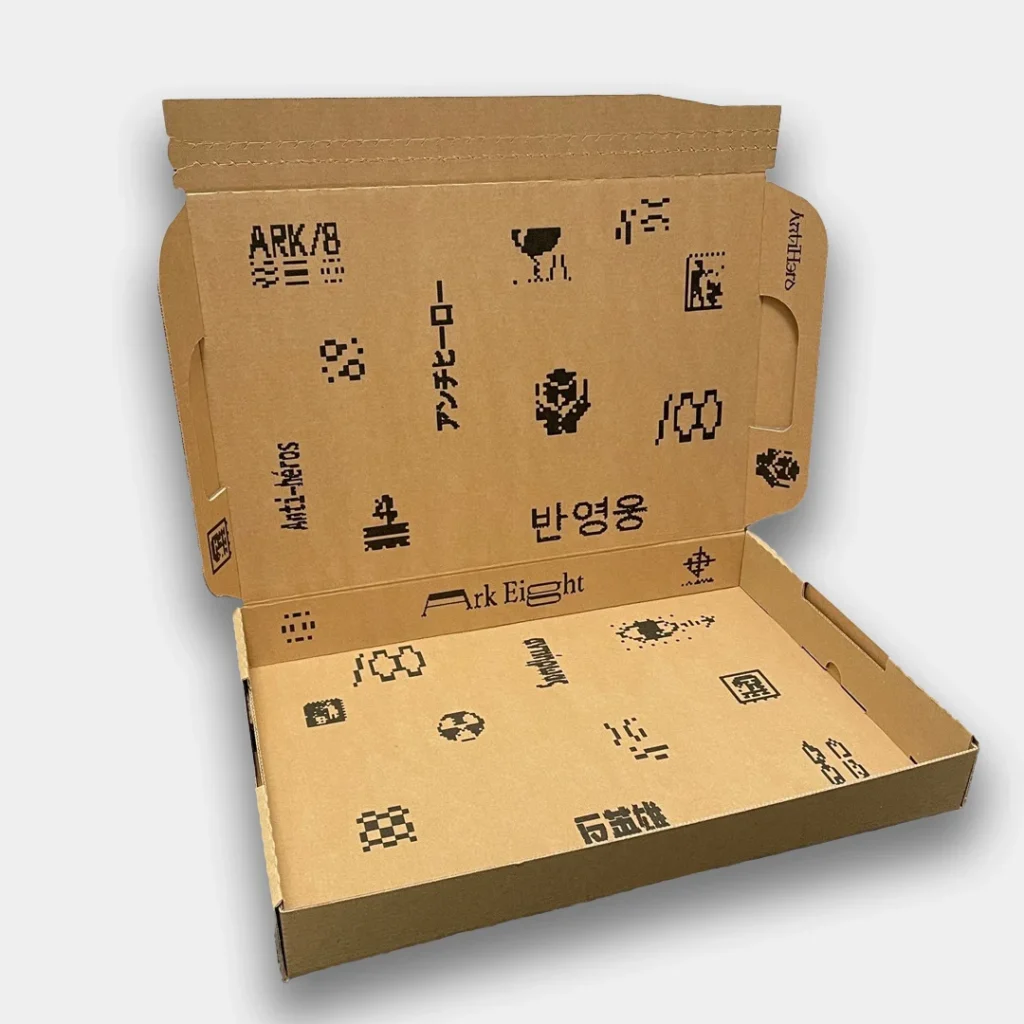 Brown open e-commerce box with multiple graphics and the Ark8 logo