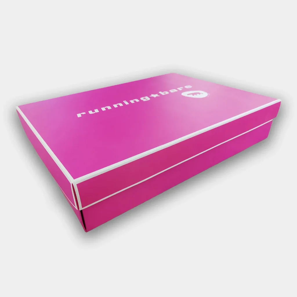 Pink luxury box with white edge and running bars logo