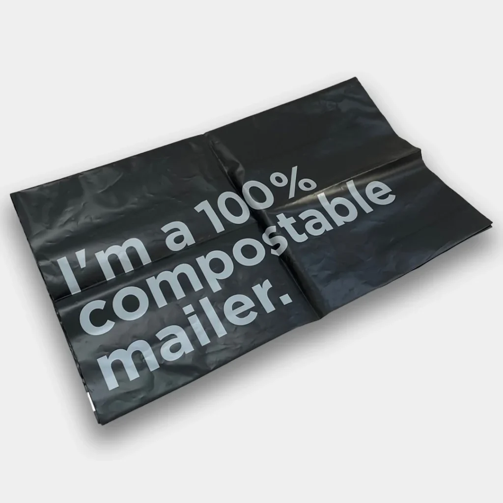 Black polybag with message, "I'm a 100% compostable mailer."