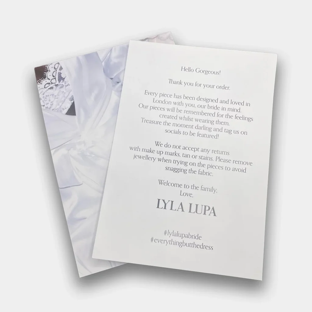 White luxury paper with thank you message from Lyla Lupa