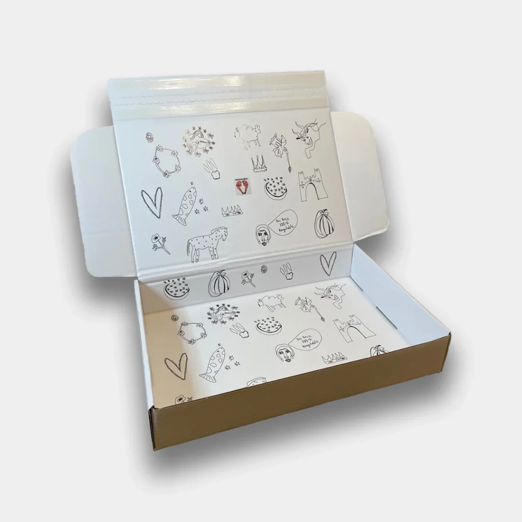 Open e-commerce box with white interior and multiple illustrations